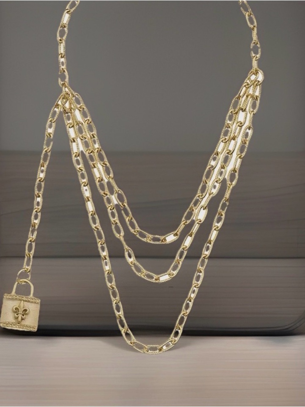 Susan Shaw Multi Strand Necklace 24K TPG With Lock Statement Jewelry New
